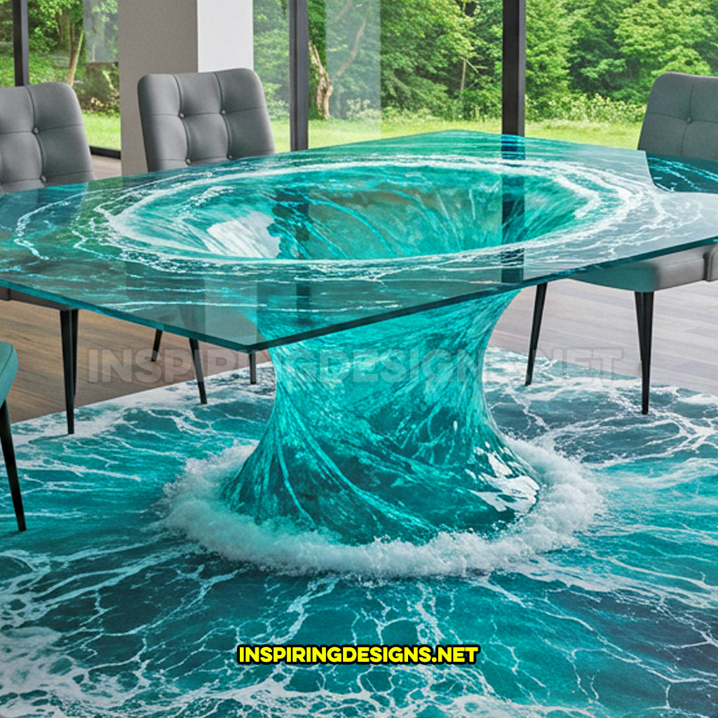 closeup view of a water vortex dining table in a square design