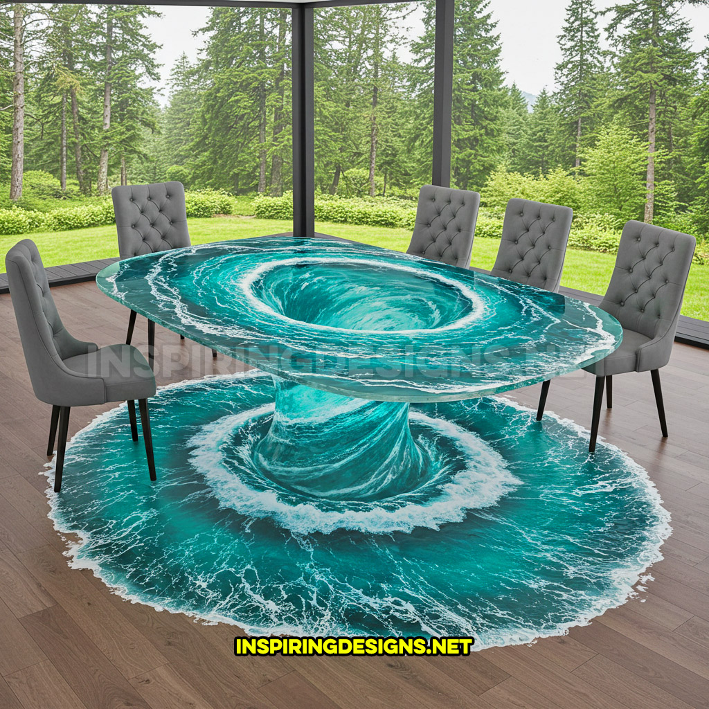 water vortex dining table in a rounded corner rectangle design