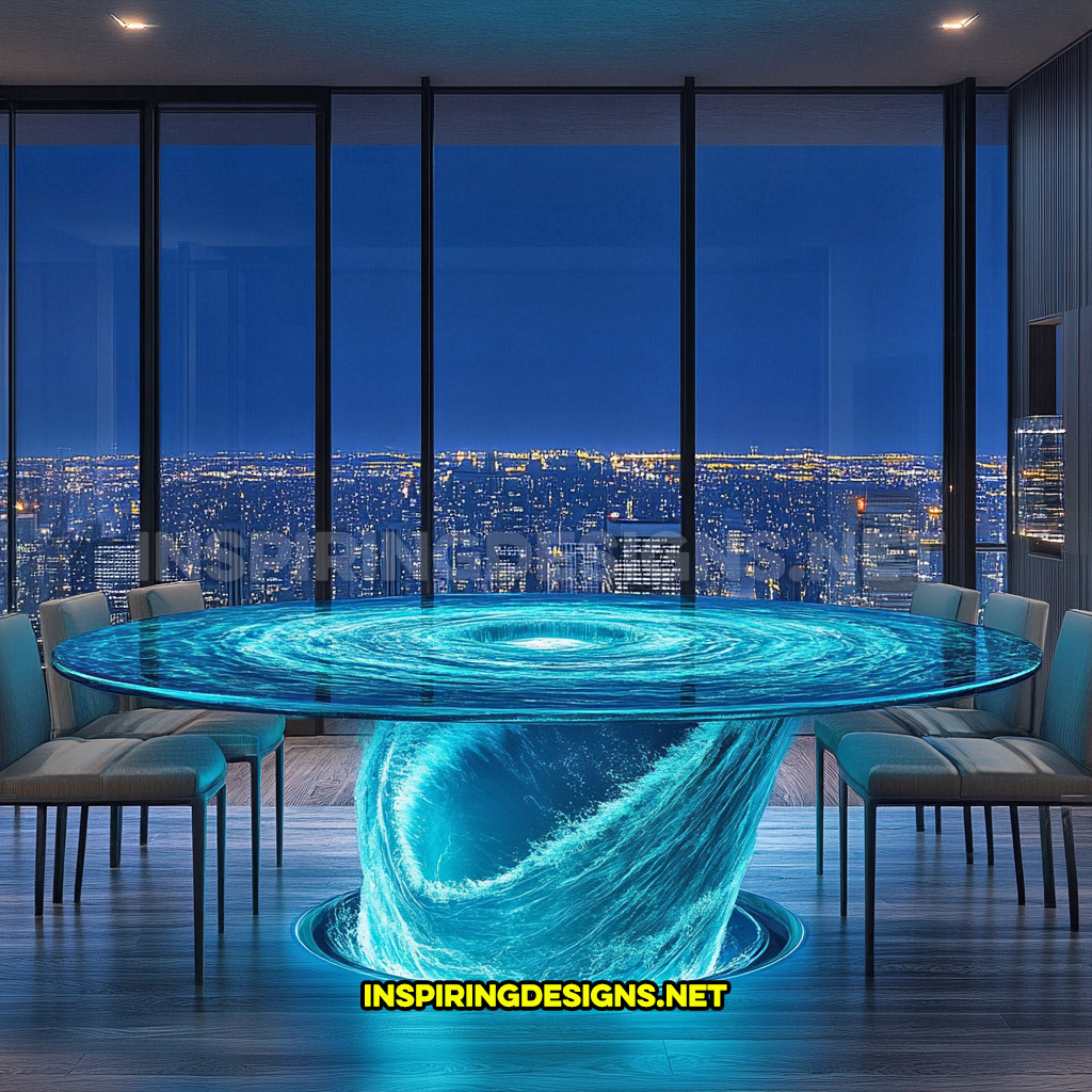 water vortex dining table in a circular design at night with illumination
