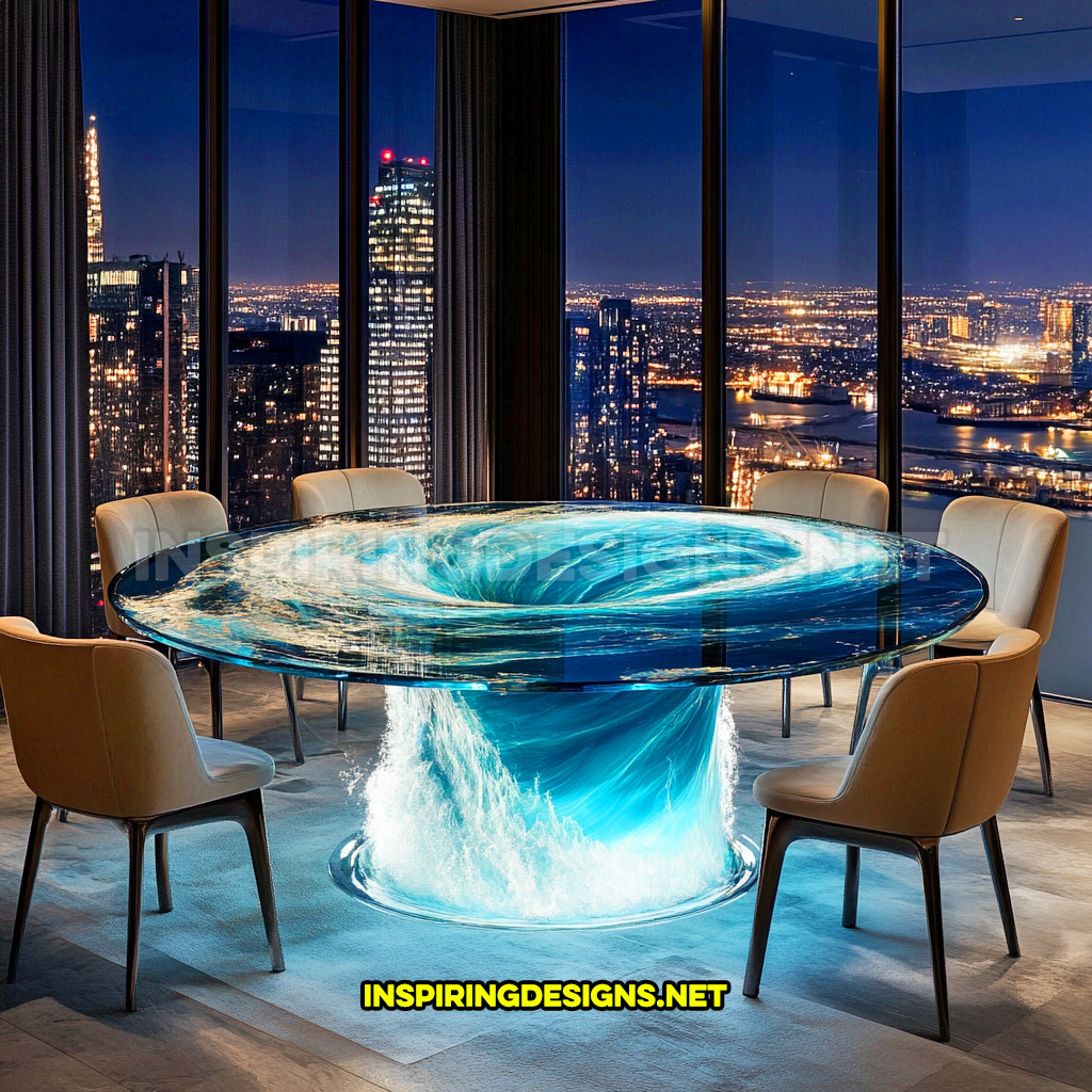 water vortex dining table in a contemporary circular design with illumination