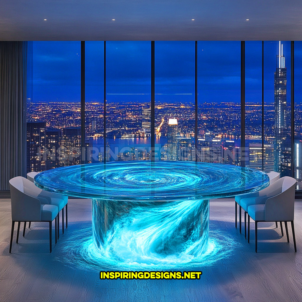 water vortex dining table in a circular design with LED lighting