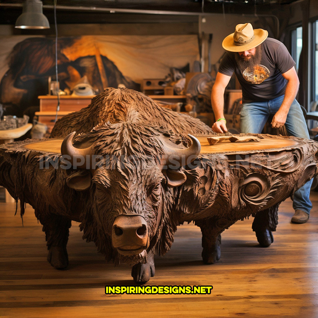 wooden animal shaped coffee table in a bison design