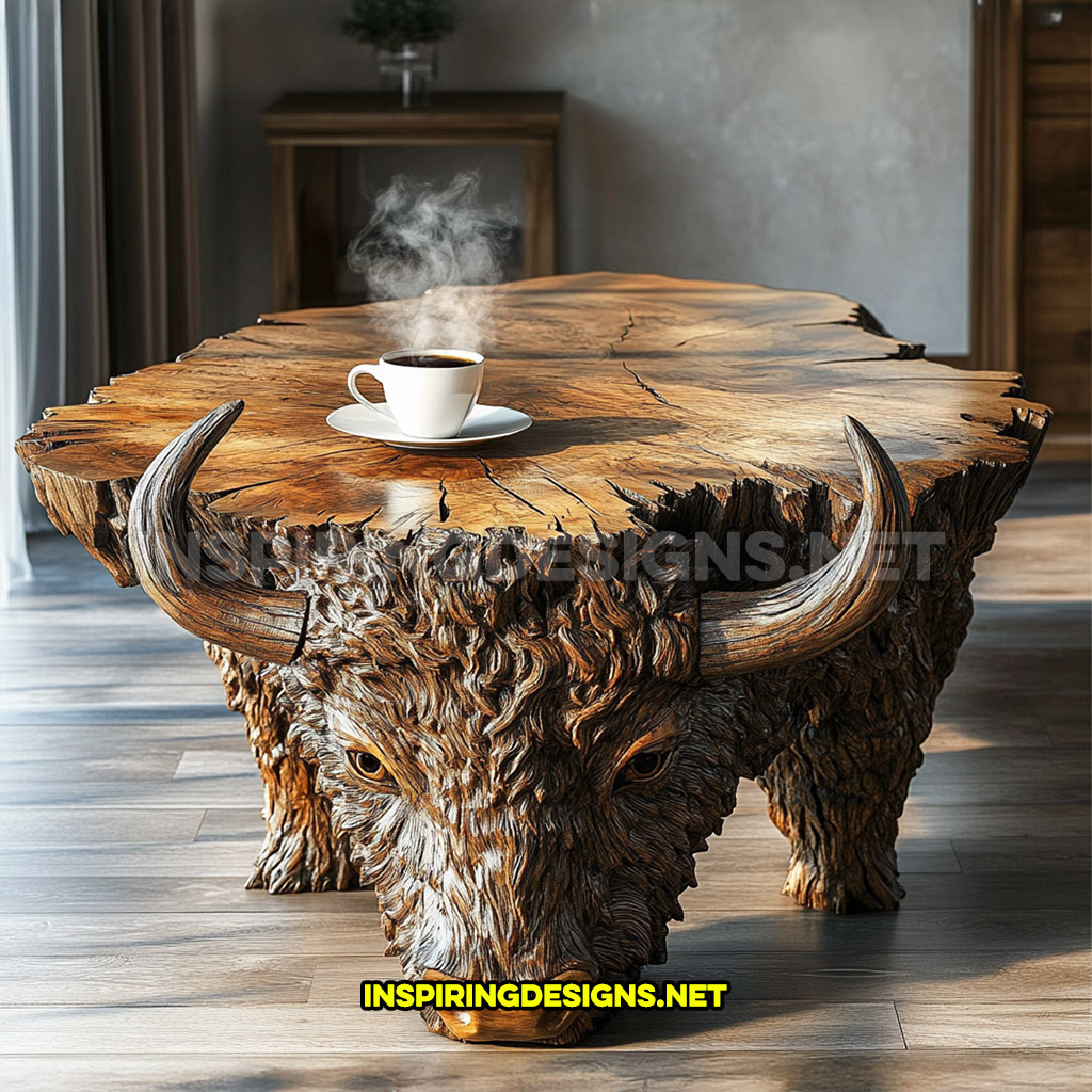 wooden animal shaped coffee table in a buffalo design