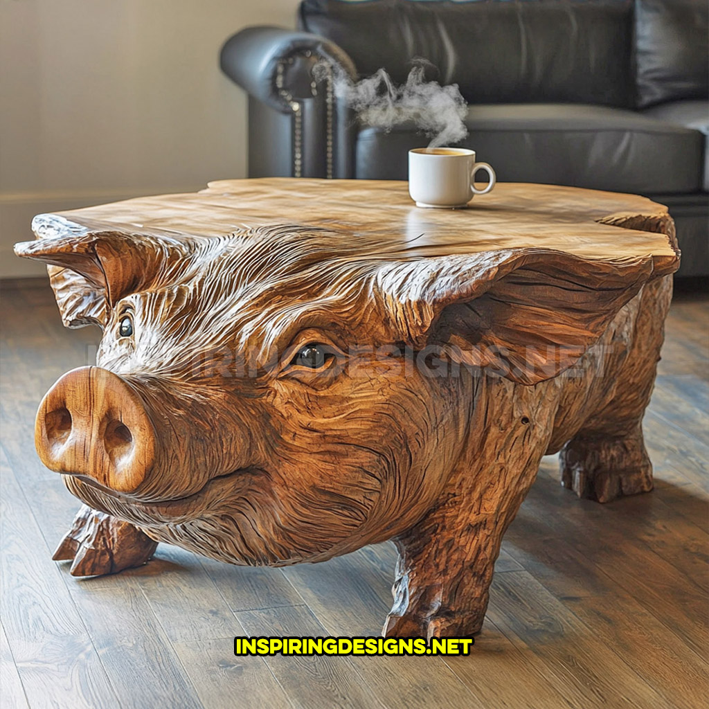 wooden animal shaped coffee table in a pig design