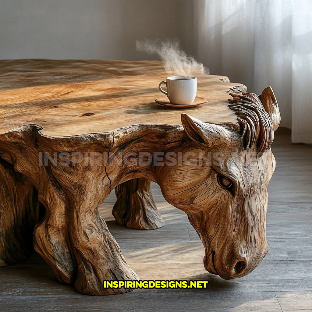 wooden animal shaped coffee table in a horse design