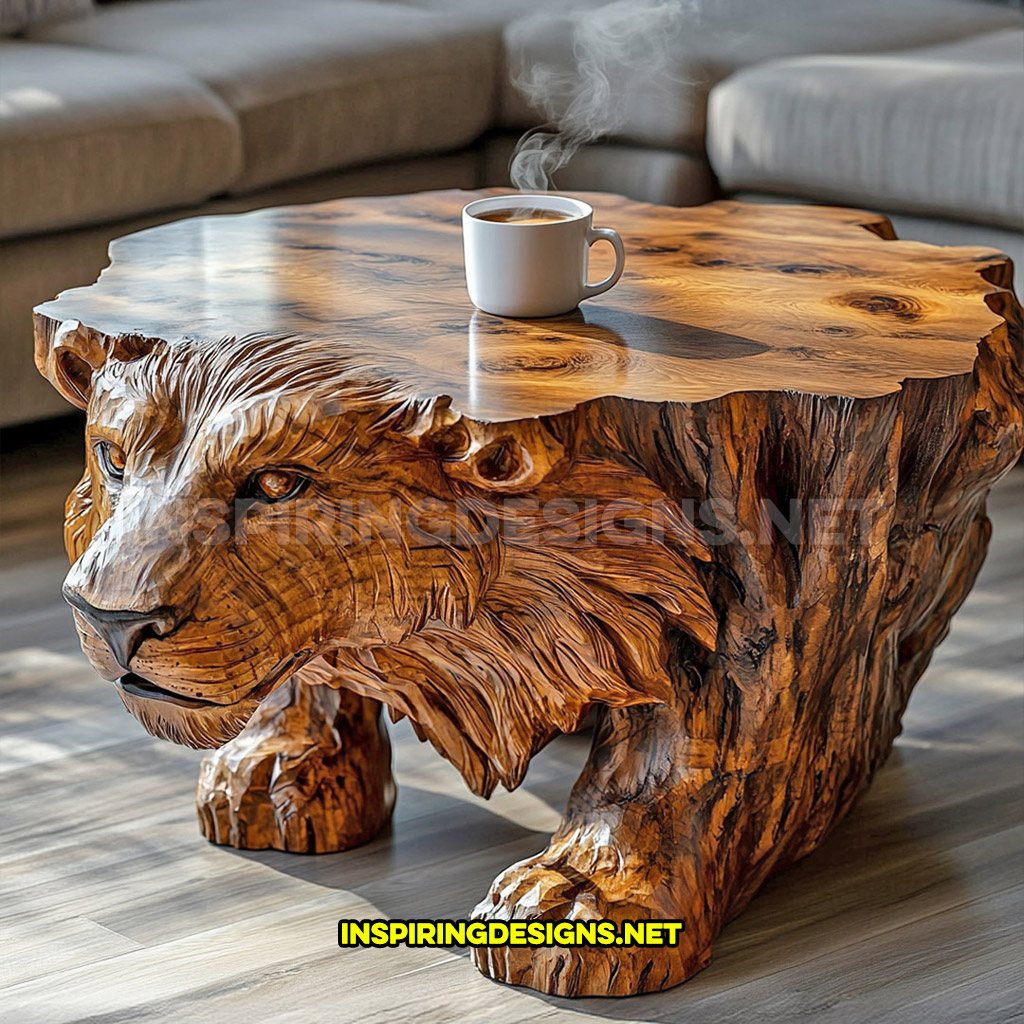 wooden animal shaped coffee table in a lion design