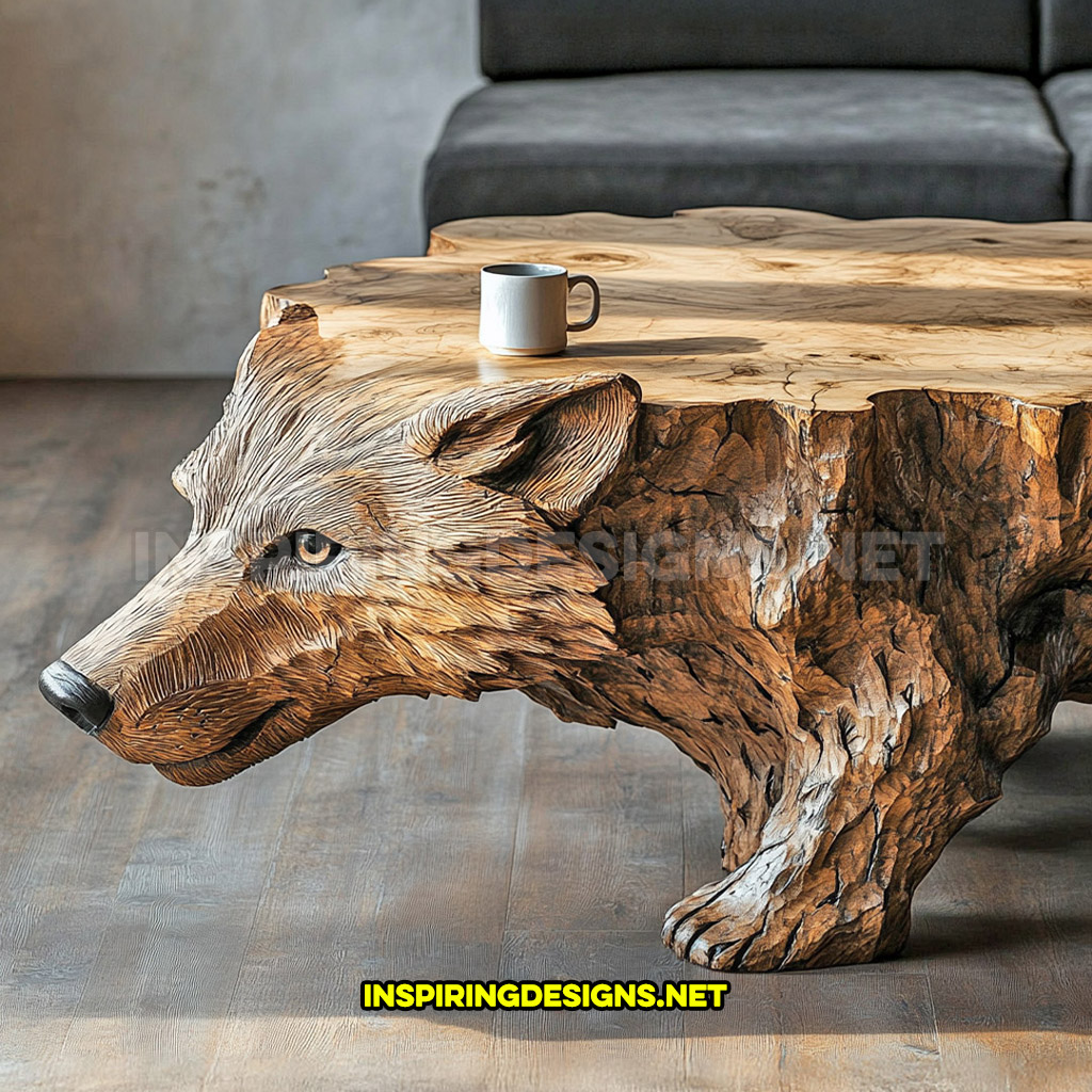 wooden animal shaped coffee table in a wolf design