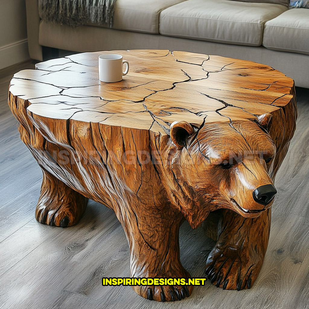 wooden animal shaped coffee table in a bear design