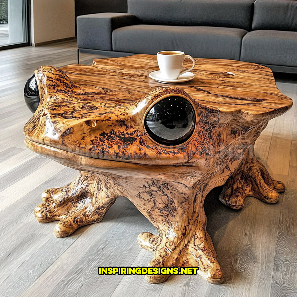 wooden animal shaped coffee table in a frog design