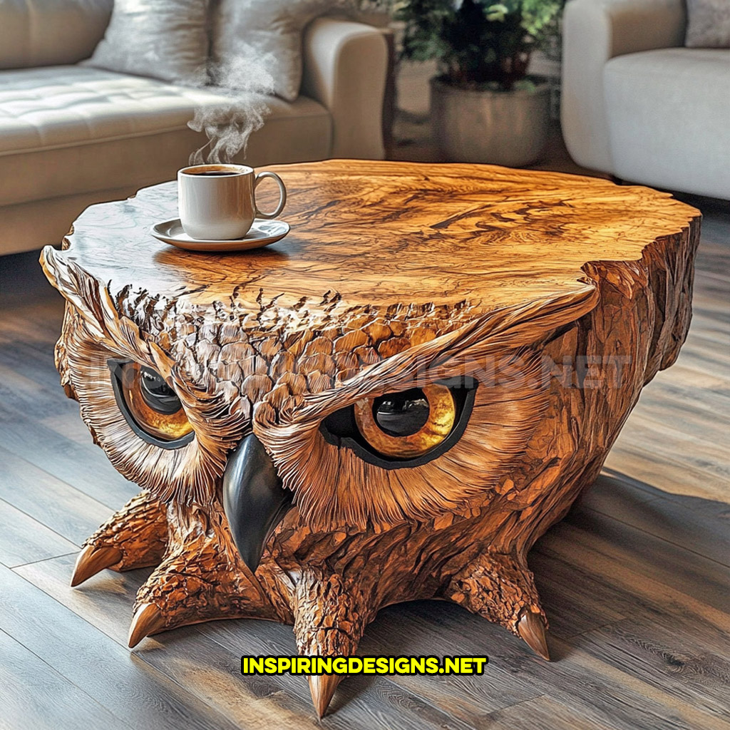 wooden animal shaped coffee table in a owl design