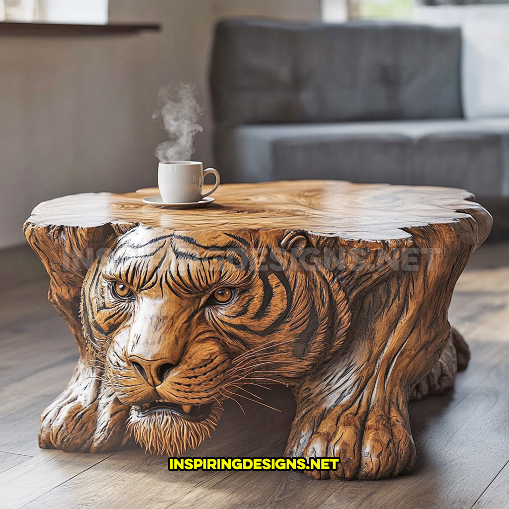 wooden animal shaped coffee table in a tiger design