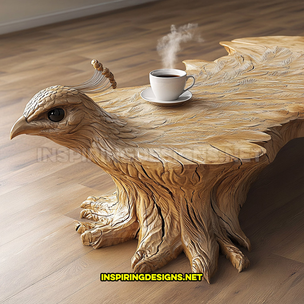 wooden animal shaped coffee table in a peacock design