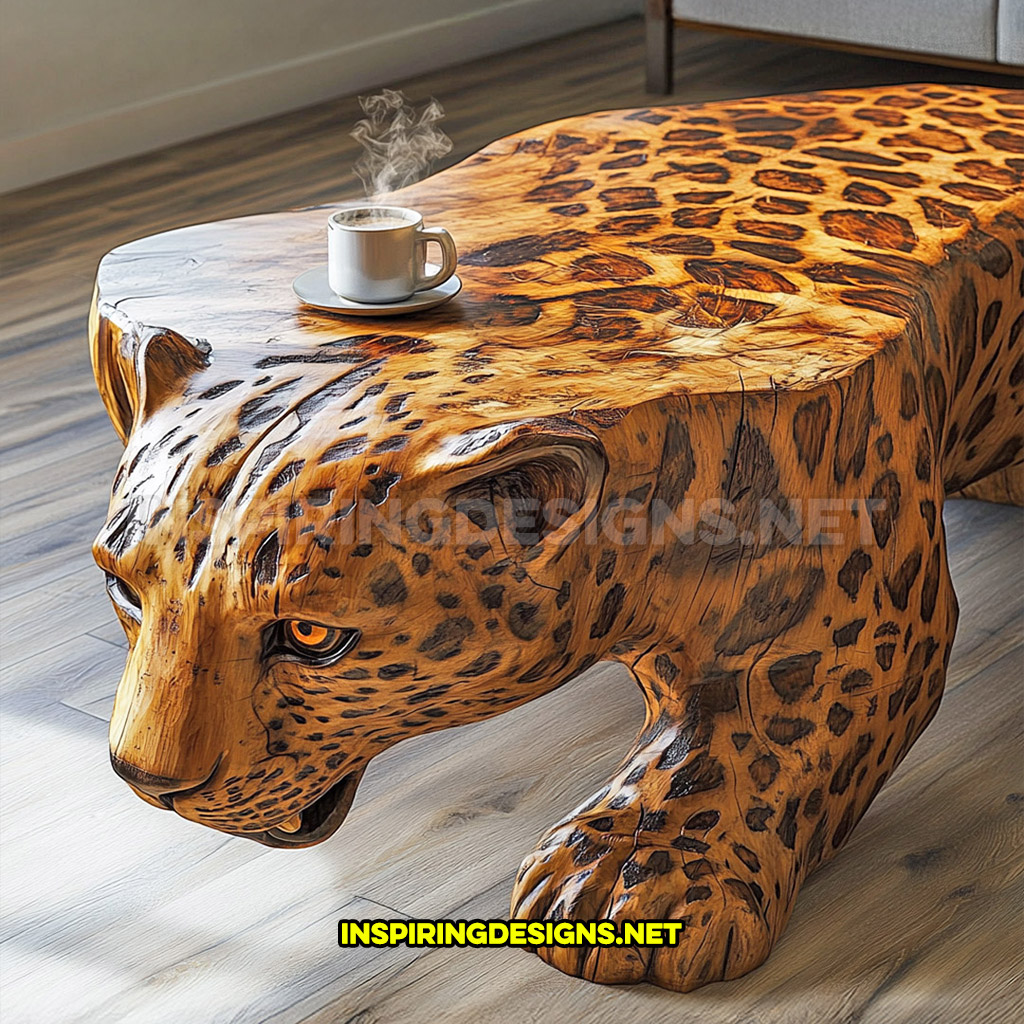 wooden animal shaped coffee table in a leopard design