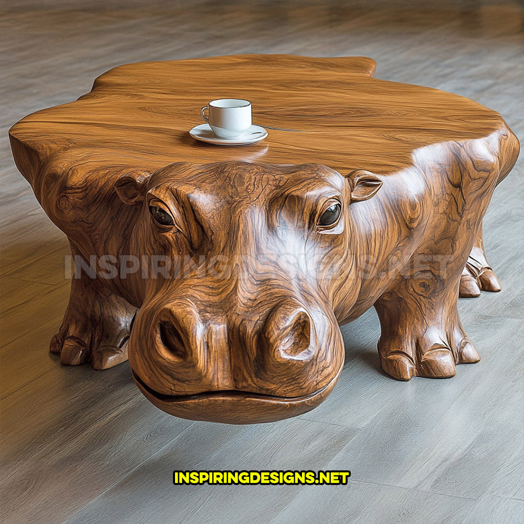 wooden animal shaped coffee table in a hippo design