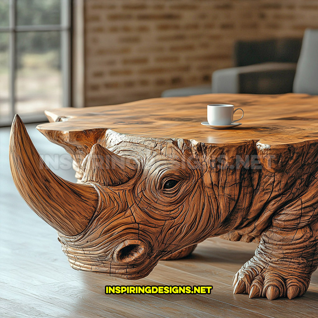 wooden animal shaped coffee table in a rhino design