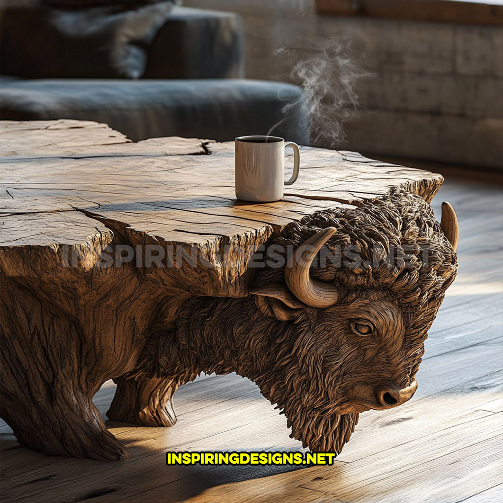 wooden animal shaped coffee table in a bison design