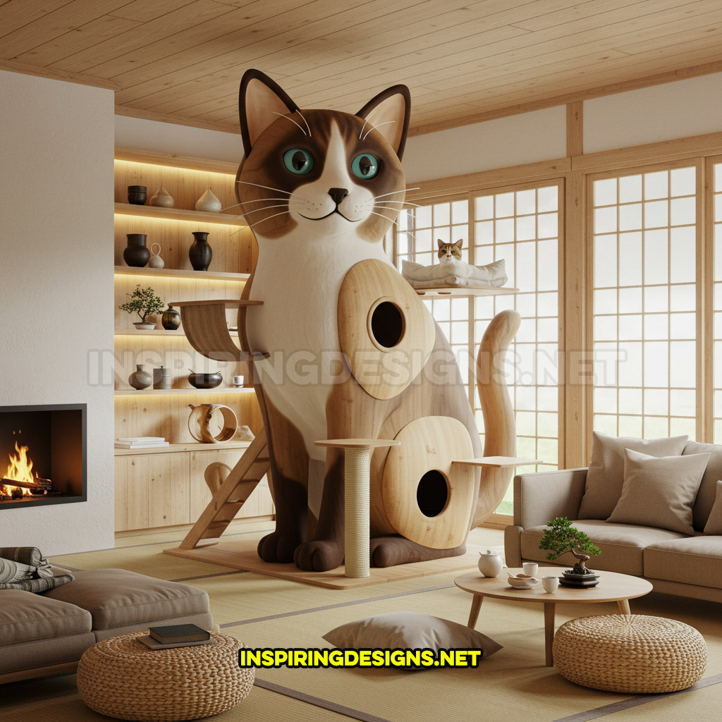 cat shaped cat tower in a white and brown color design