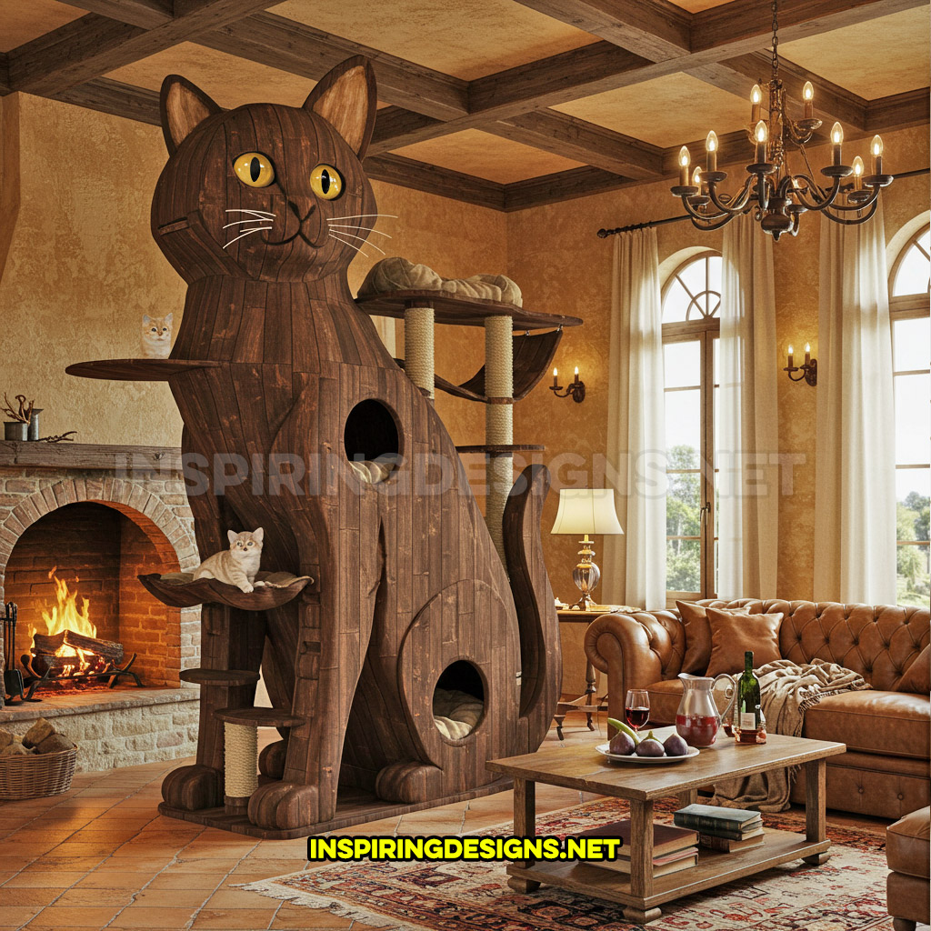 cat shaped cat tower in a dark brown color design