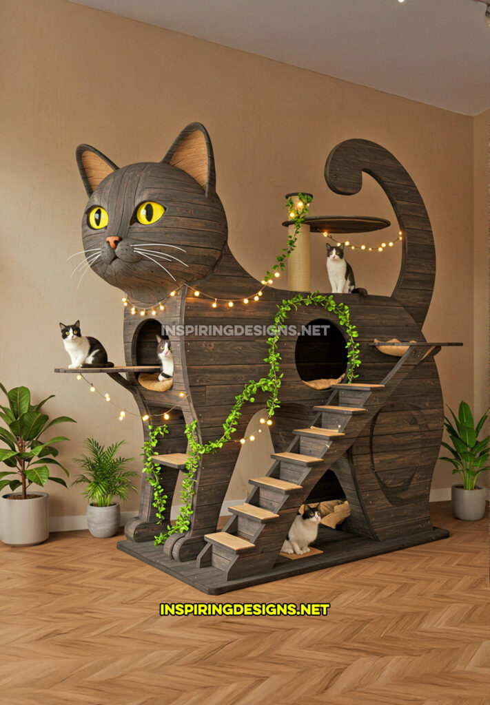 cat shaped cat tower in a black and brown color design