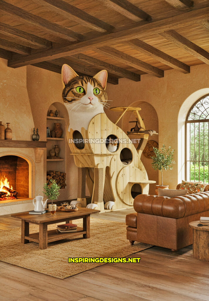 cat shaped cat tower in a light brown and white color design