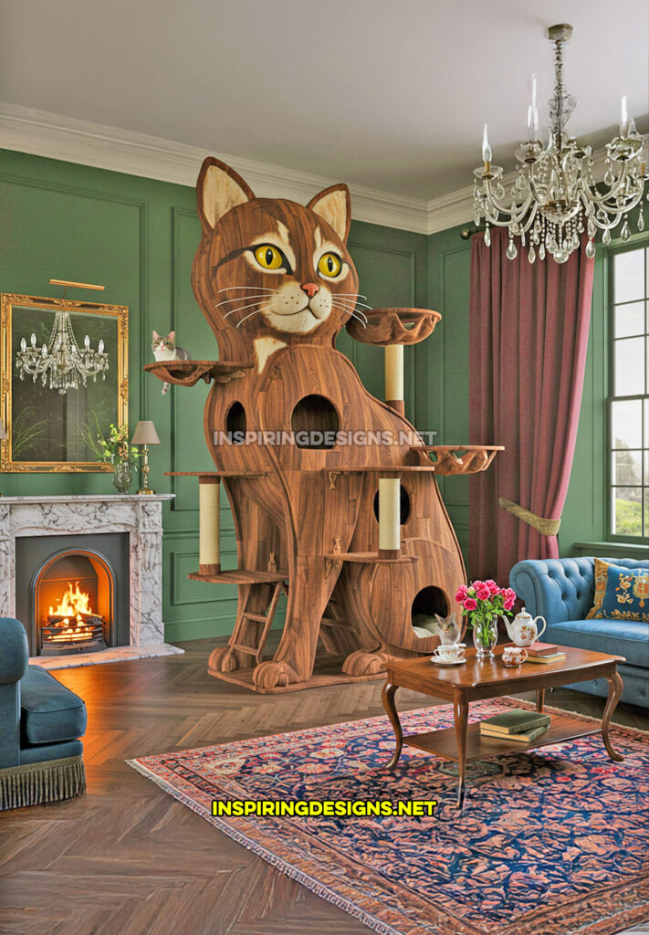 wooden cat shaped cat tower in a brown color design