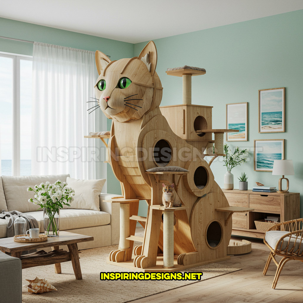 cat shaped cat tower in a light brown color design