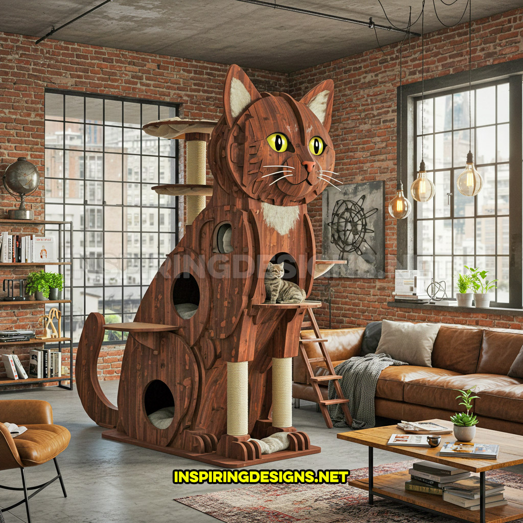 cat shaped cat tower in a dark brown and white color design