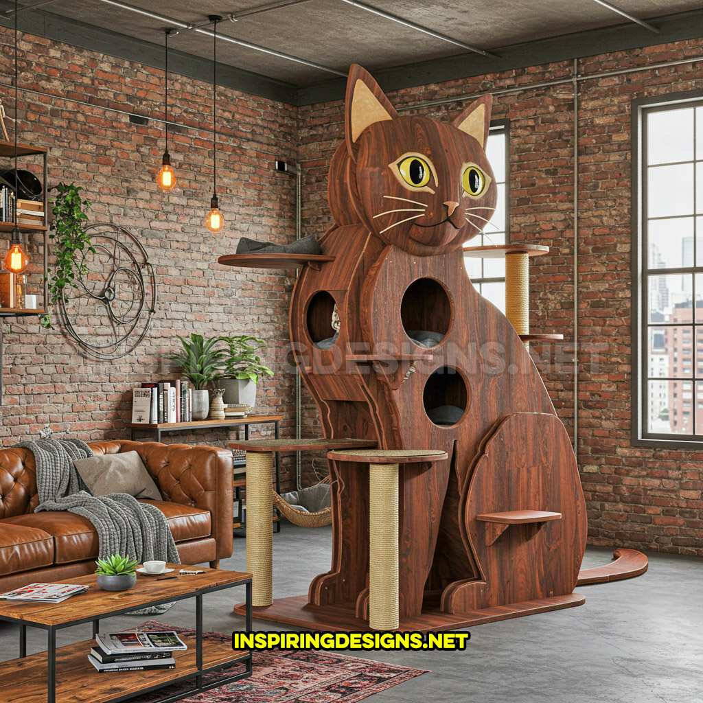 wood cat shaped cat tower in a dark brown color design