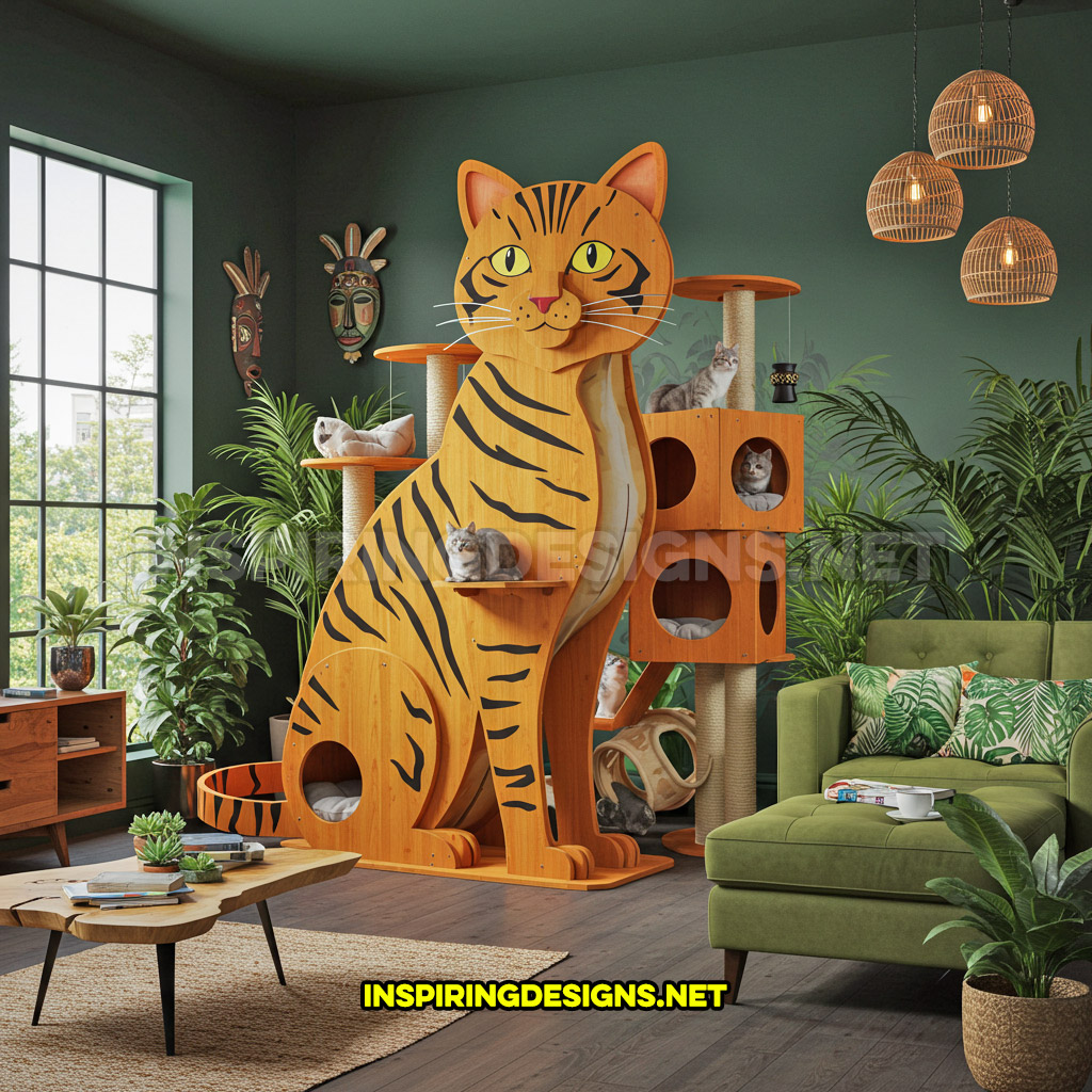 cat shaped cat tower in an orange with black stripes color design