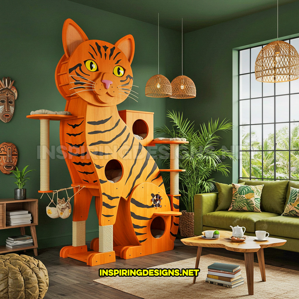 cat shaped cat tower in a orange and black stripes color design