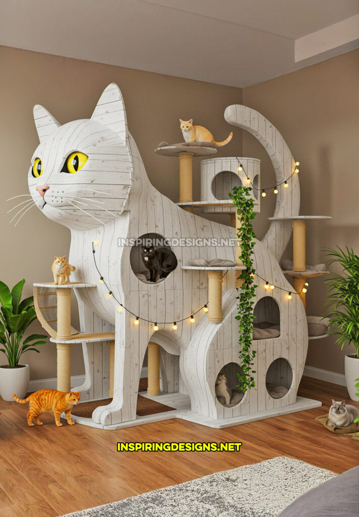 cat shaped cat tower in a white color design