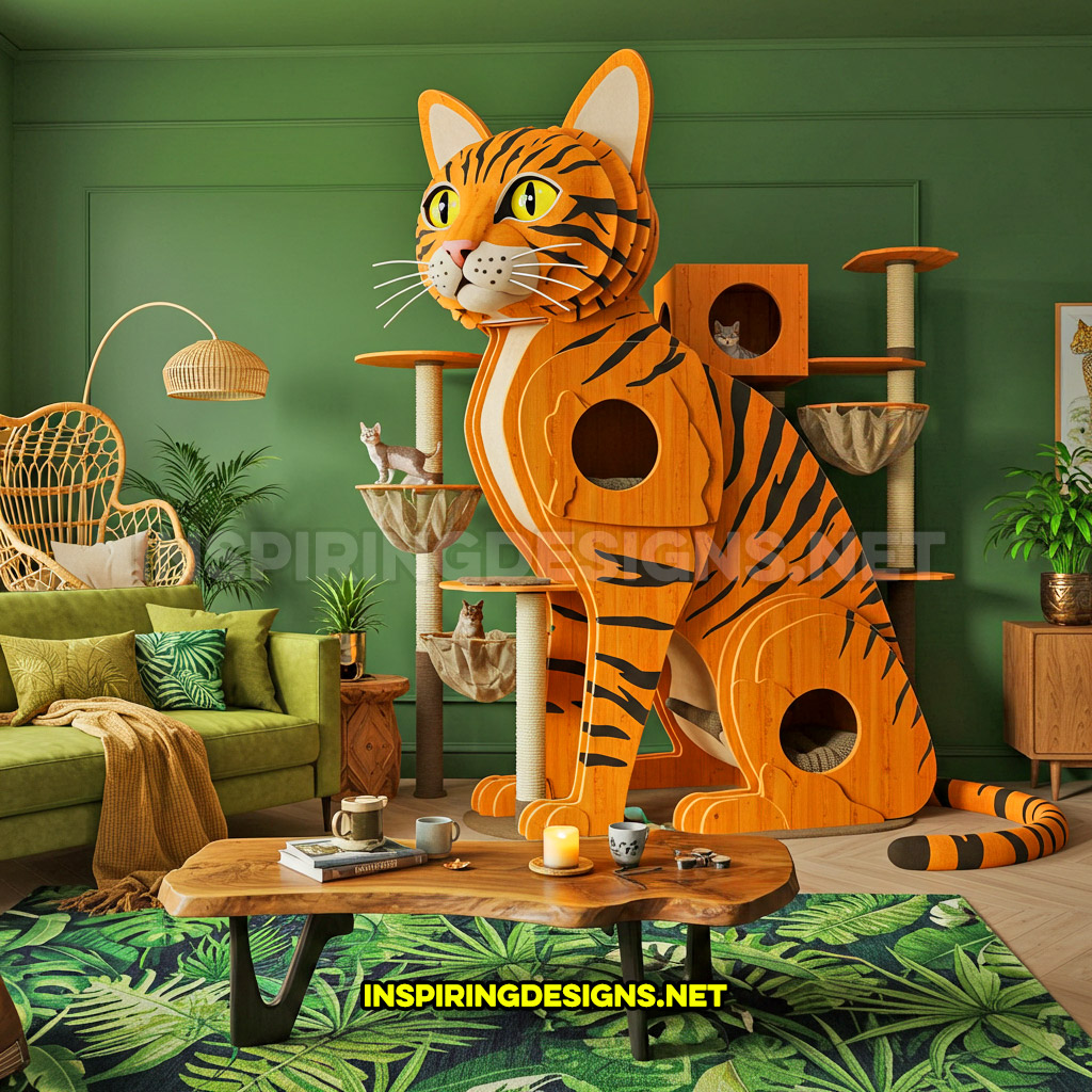 wooden cat shaped cat tower in a orange with black stripes color design