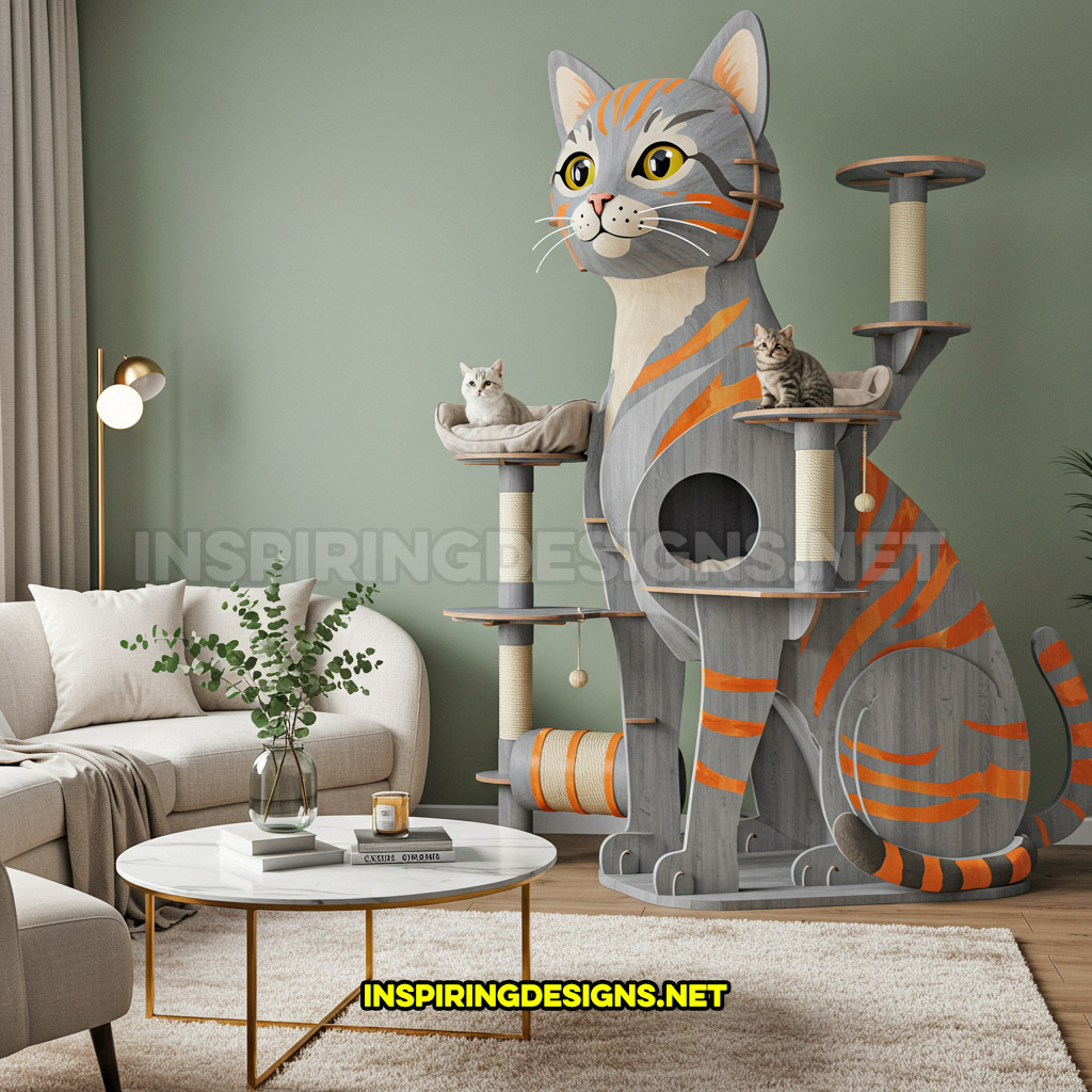 cat shaped cat tower in a gray with orange stripes color design