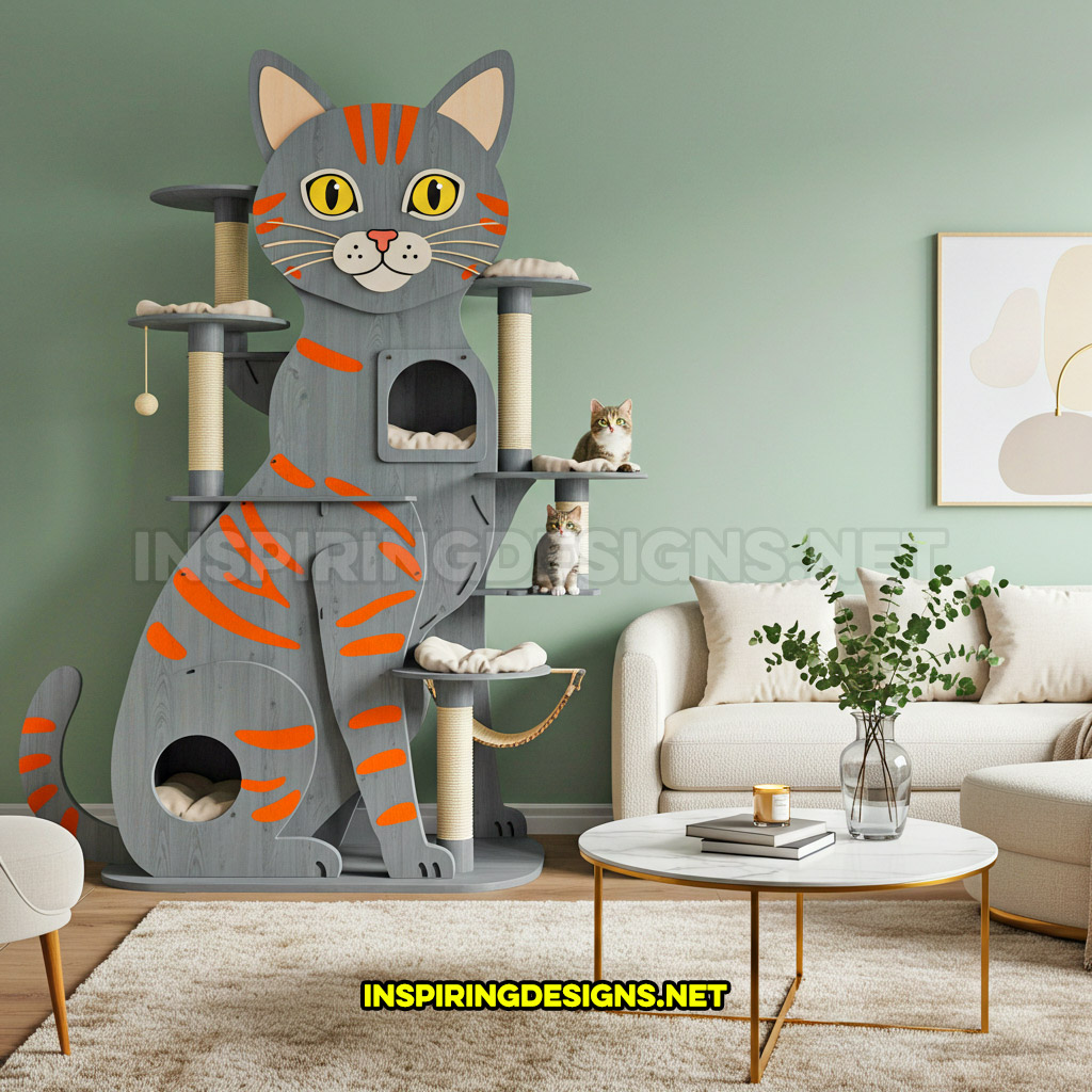 cat shaped cat tower in a gray with orange stripes color design