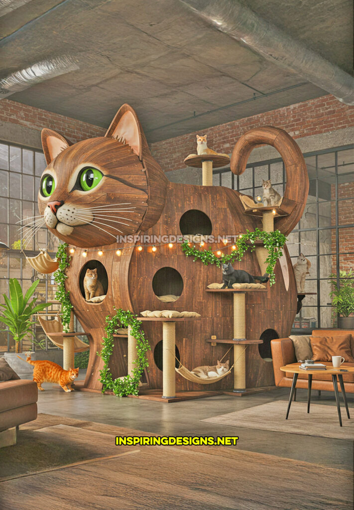 giant cat shaped cat tower in a brown and white color design