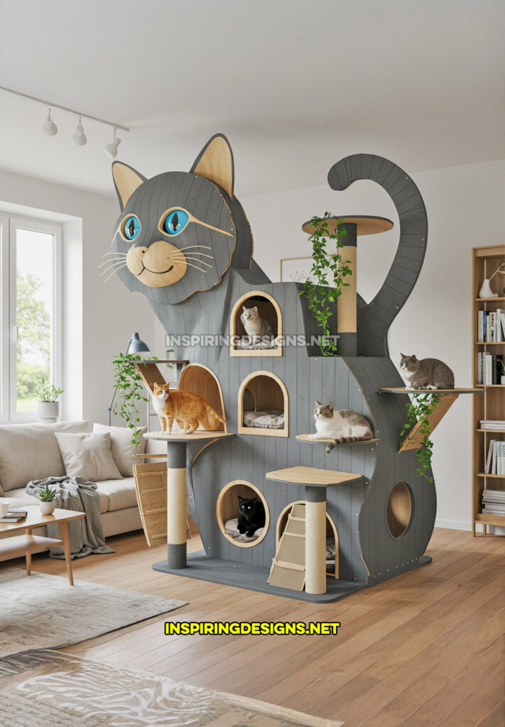 cat shaped cat tower in a gray and cream color design