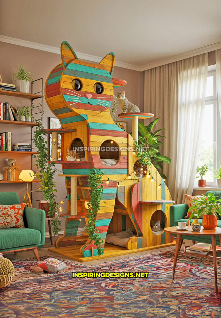 cat shaped cat tower in a multi-colored design