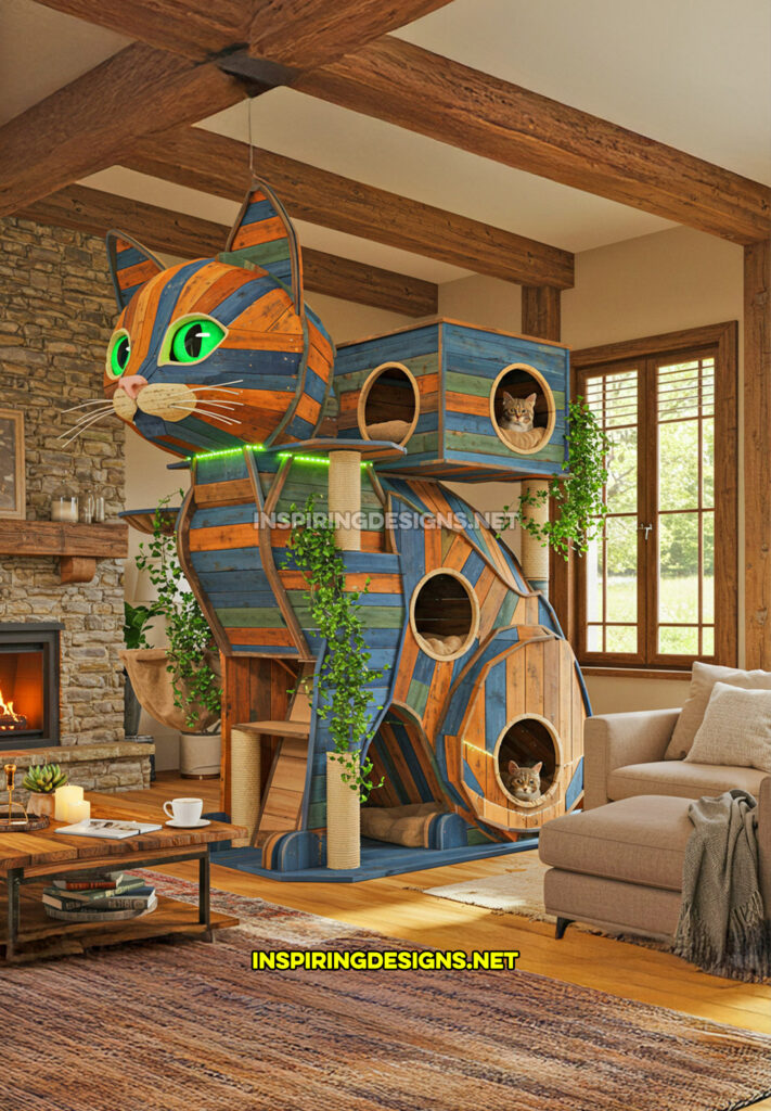 cat shaped cat tower in a multi-colored design