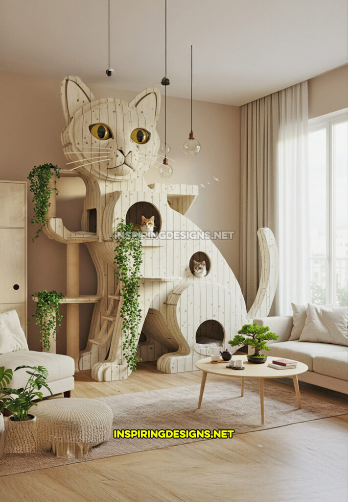 cat shaped cat tower in a white color design