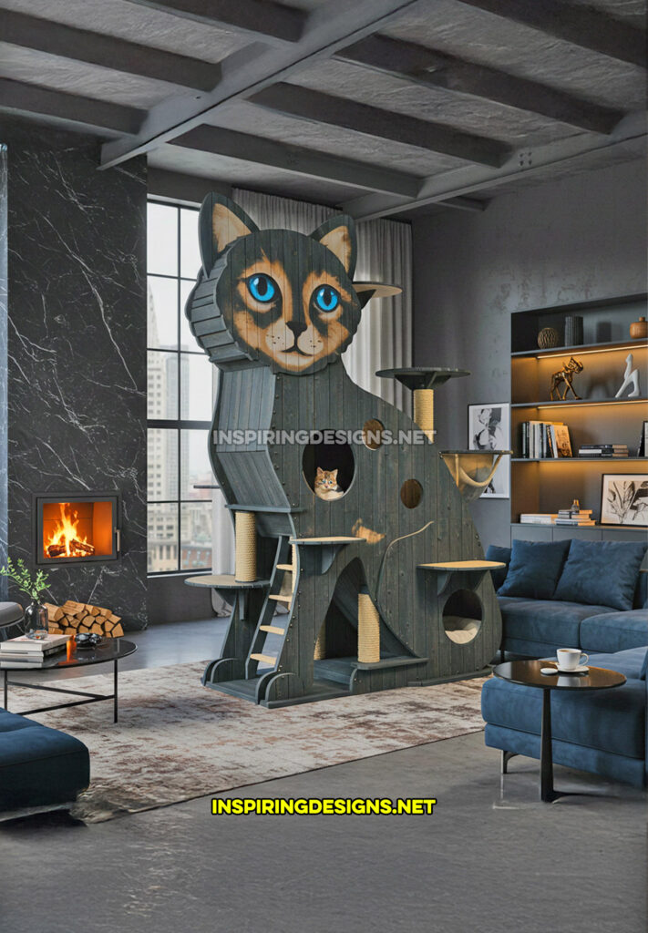 cat shaped cat tower in a dark grey and brown color design