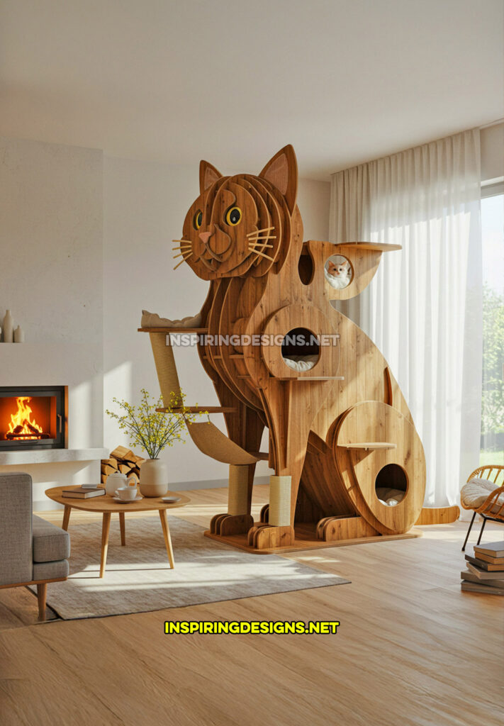 wooden cat shaped cat tower in a brown color design