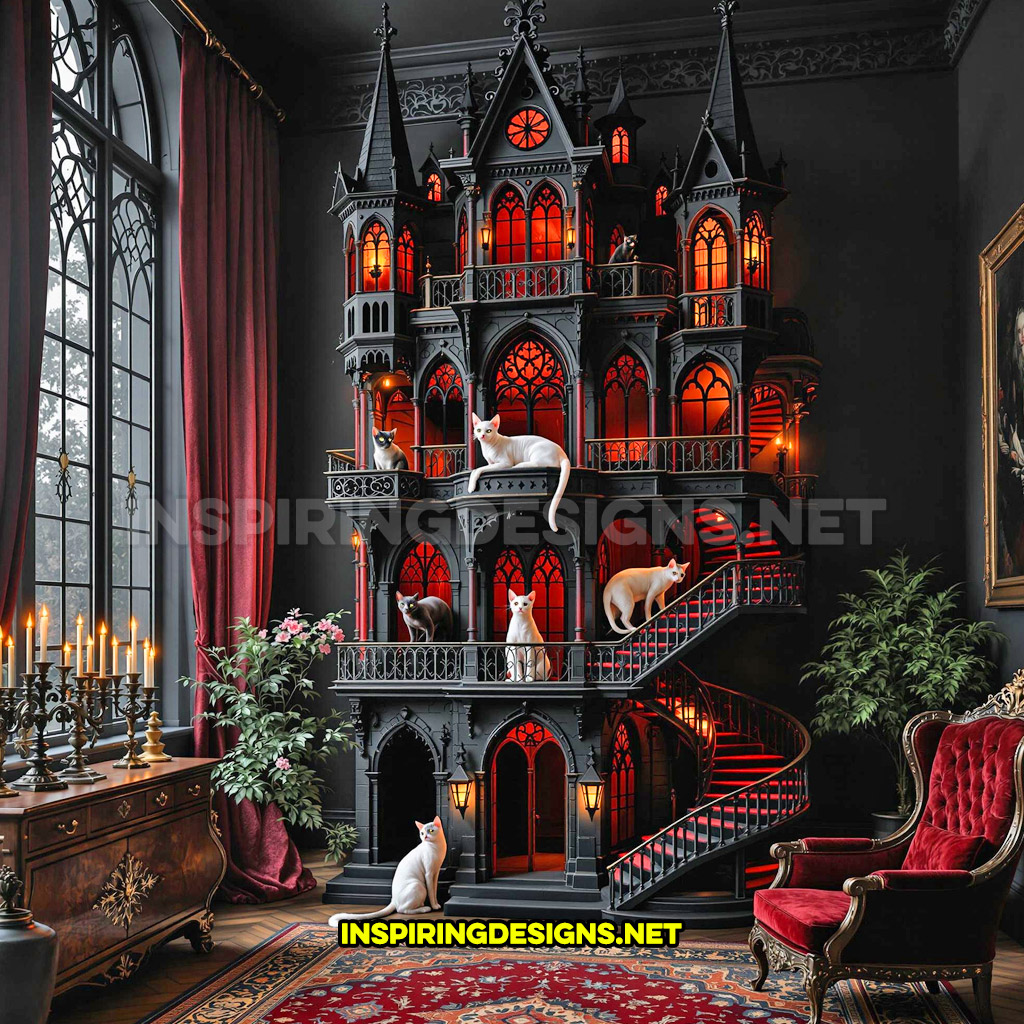 gothic house cat playground in a black and red color design