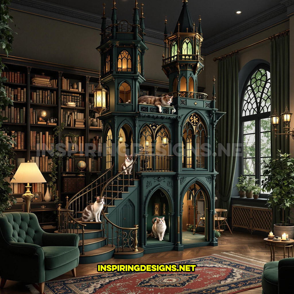 gothic house cat playground in a dark green and gold color design