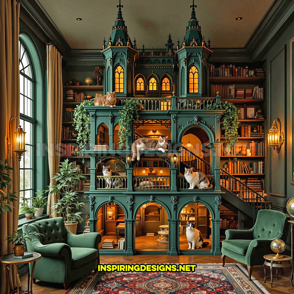 gothic house cat playground in a dark green and gold color design