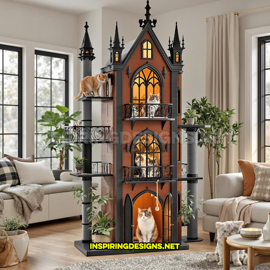 small gothic house cat playground in a brown and black color design