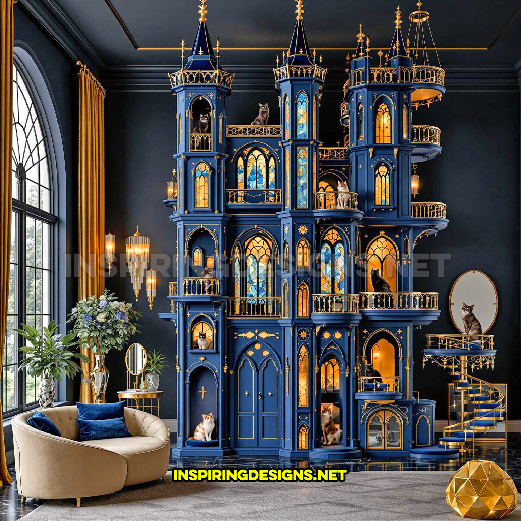 gothic house cat playground in a blue and gold color design