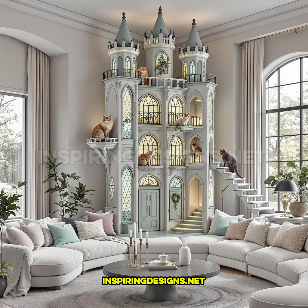 gothic house cat playground in a cream and mint color design