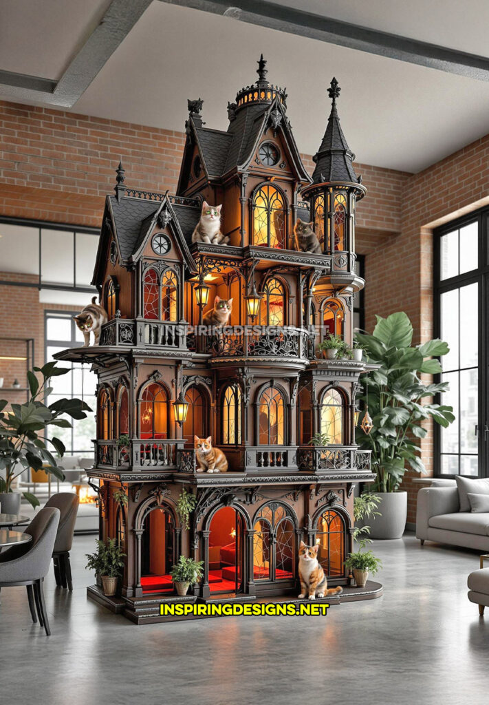 gothic house cat playground in a maroon and black color design