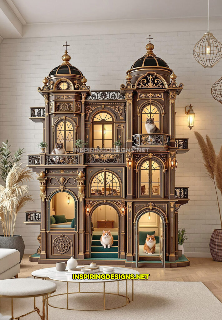 gothic house cat playground in a brown and gold color design