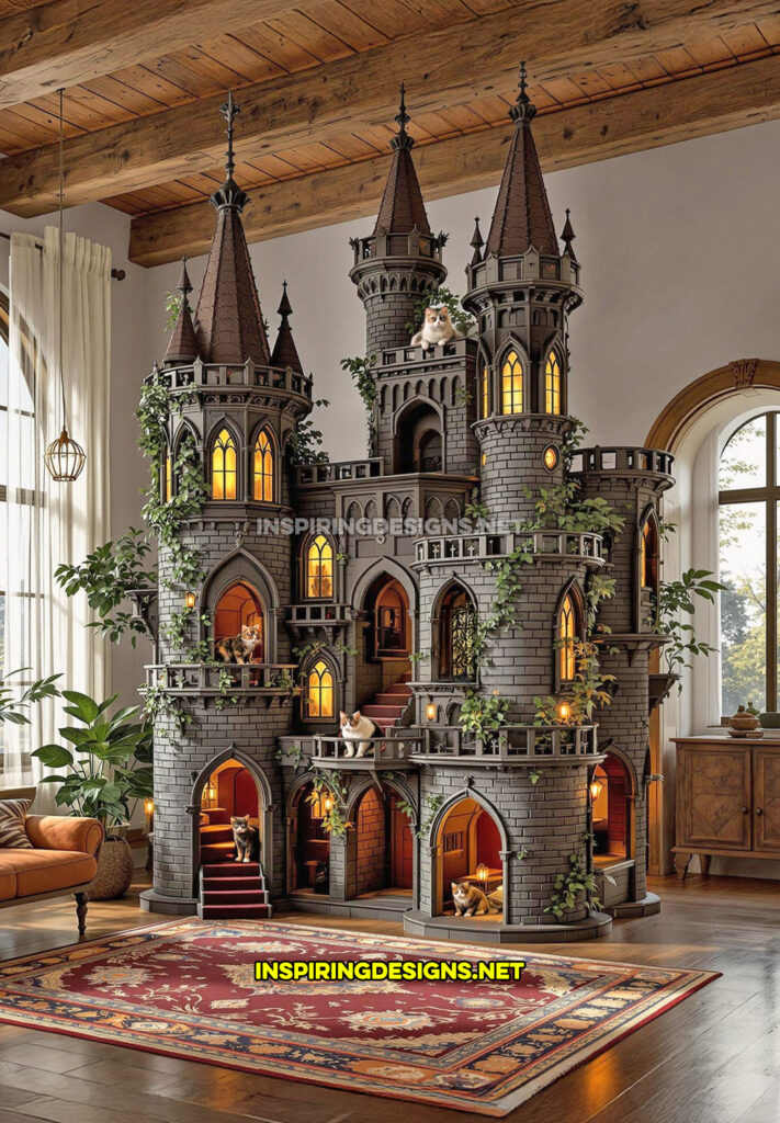 gothic house cat playground in a brick castle design